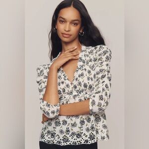 NWT Size 1X-Anthropologie 100% Cotton Ruched-Sleeve Smocked Blouse (NWT US$ 128)